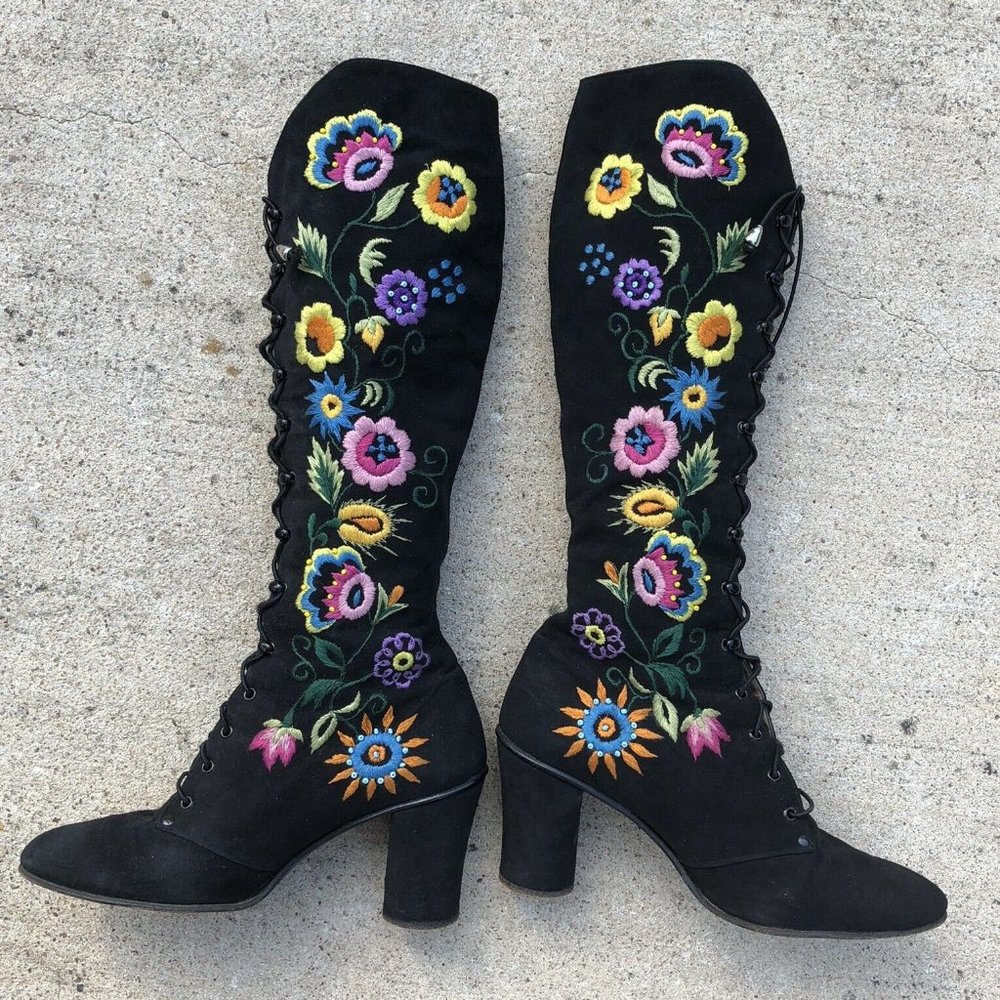 Vintage Penny Lane Boots, Vintage Jerry Edouard Boots, Floral Embroidered Boots